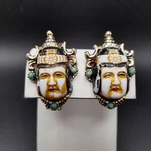 Vintage Selro Selini Asian Princess Face Clip Earrings 1950s Gold Tone